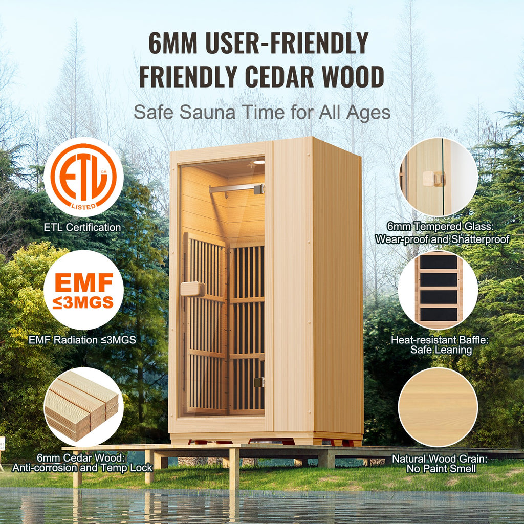 Far Infrared Wooden Sauna Room Home Sauna Spa for 1 Person1140W