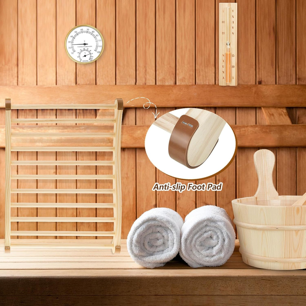 8 Pcs Sauna Accessories Set: Wooden Bucket & Ladle, Thermometer Hygrometer, Hourglass Timer, 2 Pcs Backrests, Gable Vent, Aromatherapy Oil Bowl for Sauna Lover Gifts – Home Barrel Spa