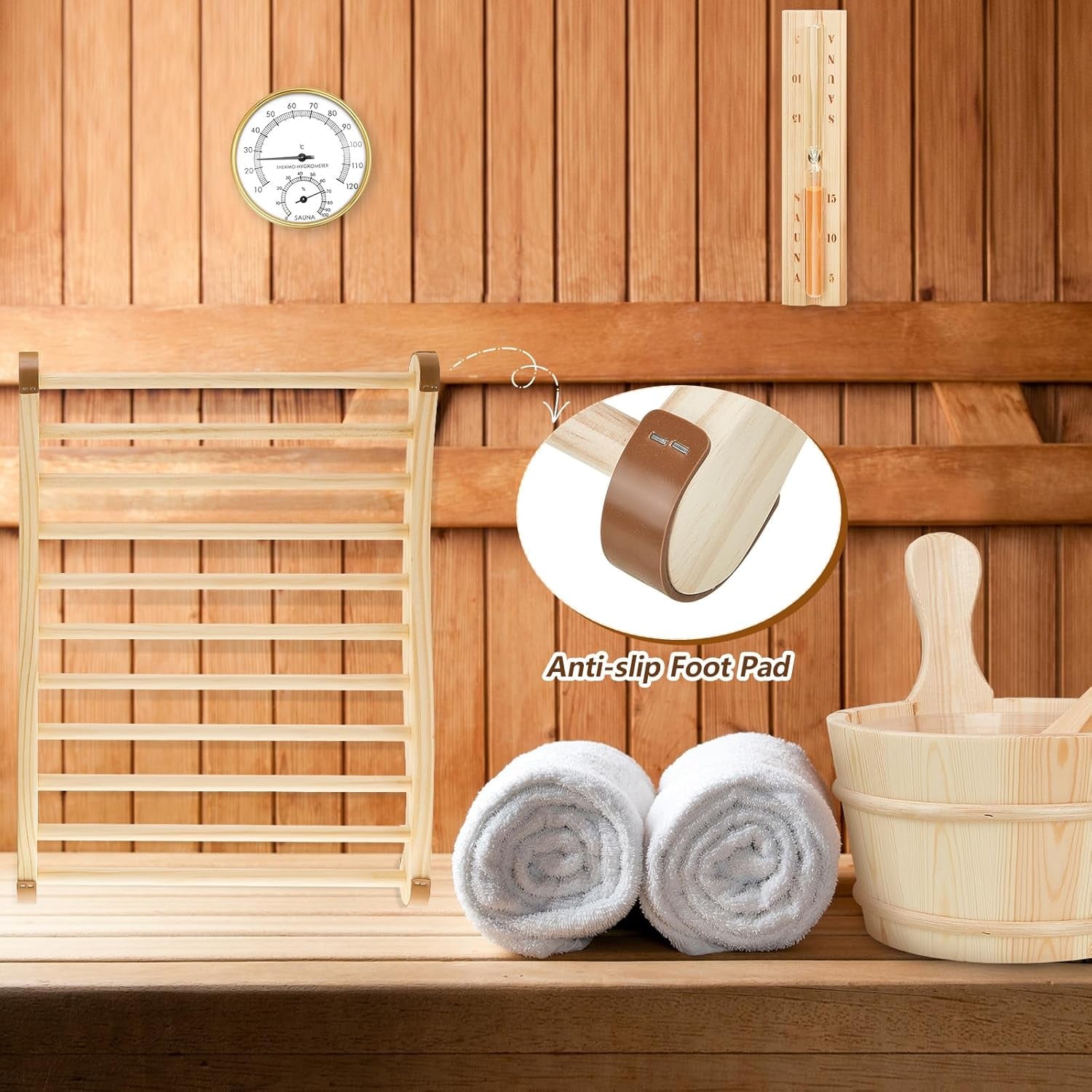 8 Pcs Sauna Accessories Set: Wooden Bucket & Ladle, Thermometer Hygrometer, Hourglass Timer, 2 Pcs Backrests, Gable Vent, Aromatherapy Oil Bowl for Sauna Lover Gifts – Home Barrel Spa