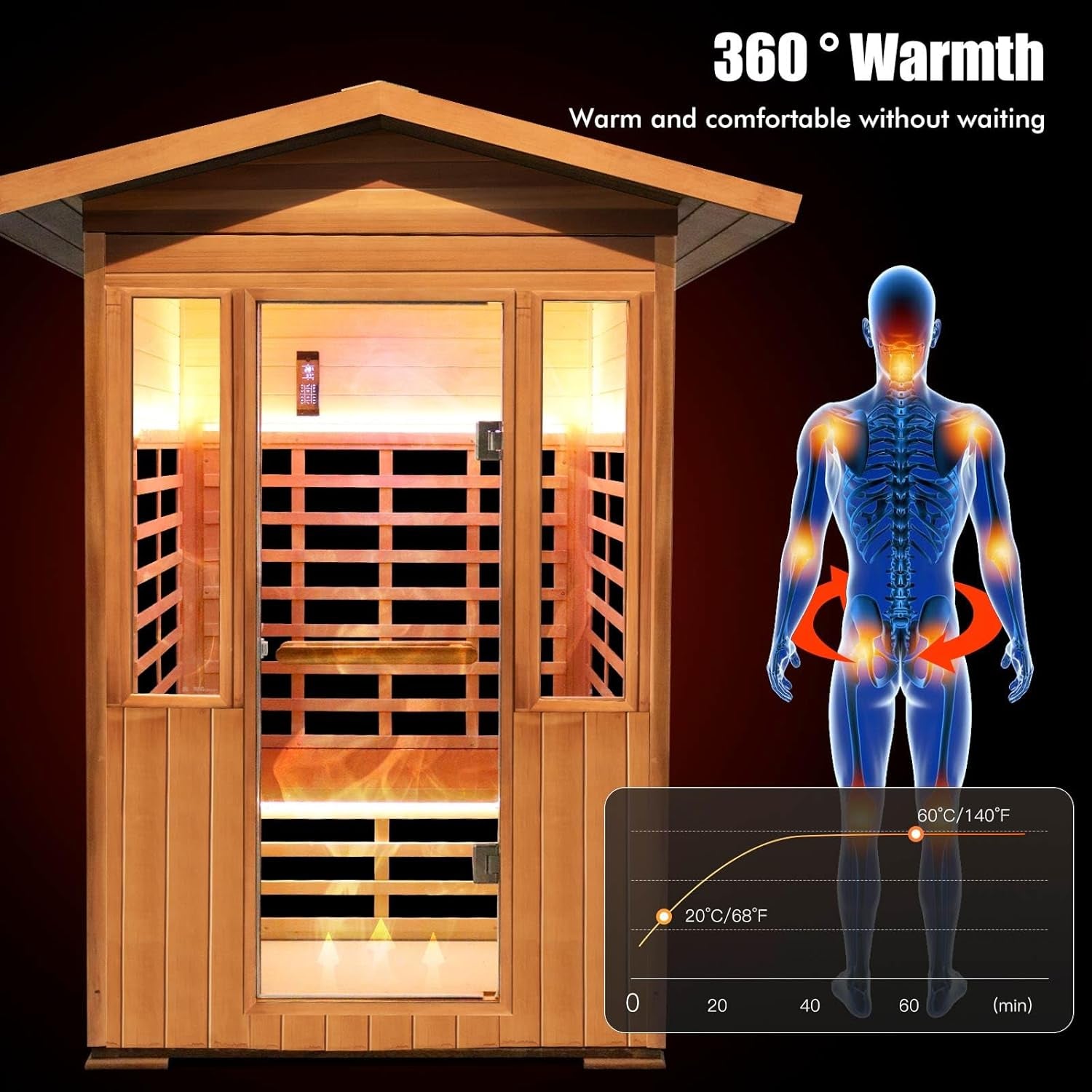2 Person Outdoor Sauna Infrared Saunas Dry Sauna Room 120V Red Cedar and Okoume Wood Wooden Sauna Spa 1800W APP Control 7 Color Light 48.8 * 37 * 87.4Inch