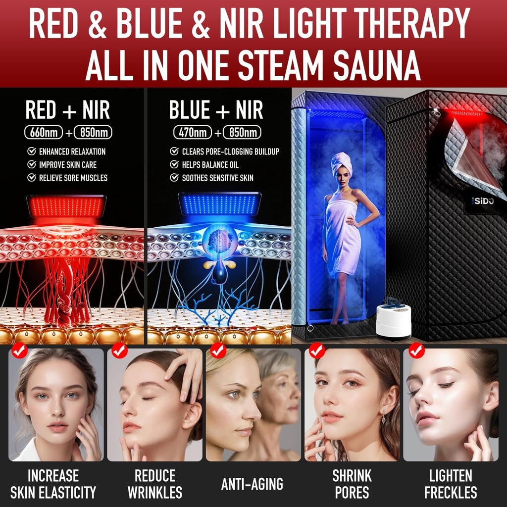 Infrared Steam Sauna with 660Nm Red & Blue Light Therapy & 850Nm Infrared Light Panel, 3L 1300W Steamer, Folding Chair, XXL Portable Sauna Personal Sauna Steam Sauna Tent Home Sauna