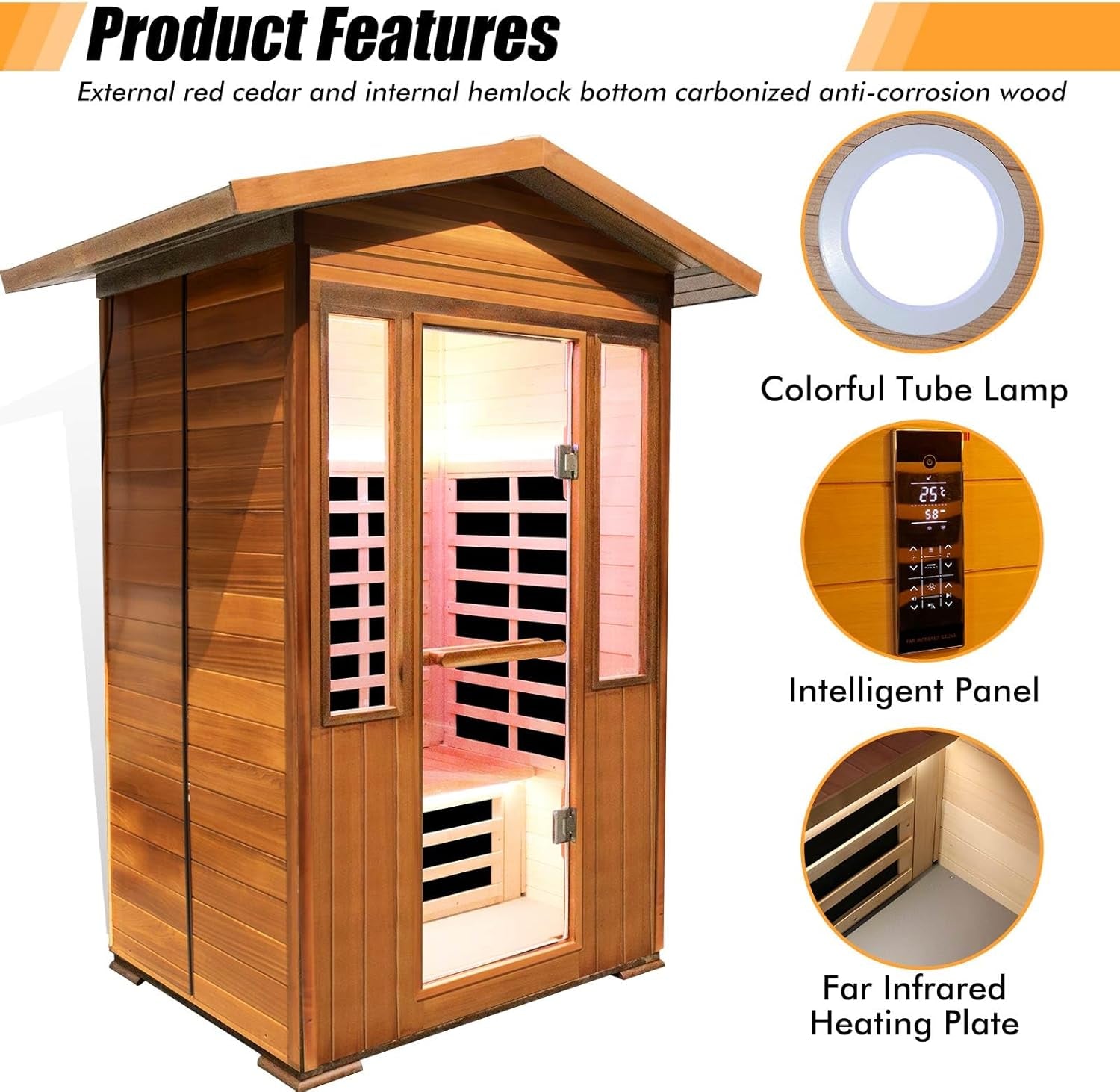 2 Person Outdoor Sauna Infrared Saunas Dry Sauna Room 120V Red Cedar and Okoume Wood Wooden Sauna Spa 1800W APP Control 7 Color Light 48.8 * 37 * 87.4Inch