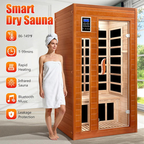 1-2 Person Infrared Sauna, Dry Heat Sauna with Red Light Therapy, Bluetooth, Radio, 7-Color Therapy Light for Home, Indoor, Gym, Wellness Center, 40″ X 36″ X 73″, Brown