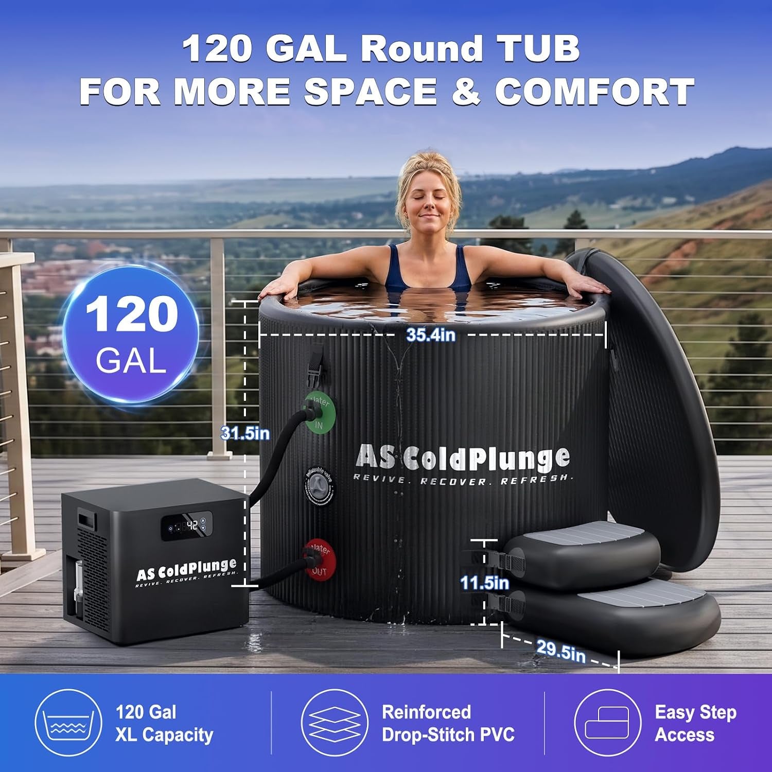 Ice Bath Tub & Cold Plunge Chiller Kit, 1/3HP Ice Bath Chiller with Built-In Pump & Filter, XL 120 Gal Insulated Ice Pod Pro, Cold Plunge Tub with Water Chiller for Cold Therapy