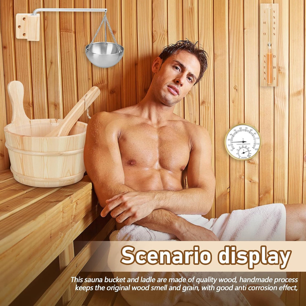 8 Pcs Sauna Accessories Set: Wooden Bucket & Ladle, Thermometer Hygrometer, Hourglass Timer, 2 Pcs Backrests, Gable Vent, Aromatherapy Oil Bowl for Sauna Lover Gifts – Home Barrel Spa