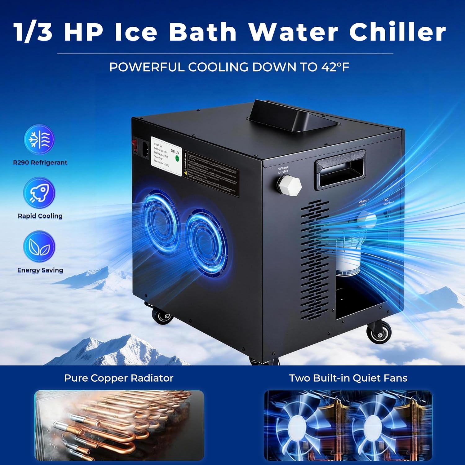 Upgrade 1/3 HP Cold Plunge Chiller,Ice Bath Water Chiller for Cold Plunge Tubs,42°F Cold Plunge Cooling System,Built-In Filter & Pump, Insulated Hoses,Remote Control,Ideal for Ice Bath Recovery