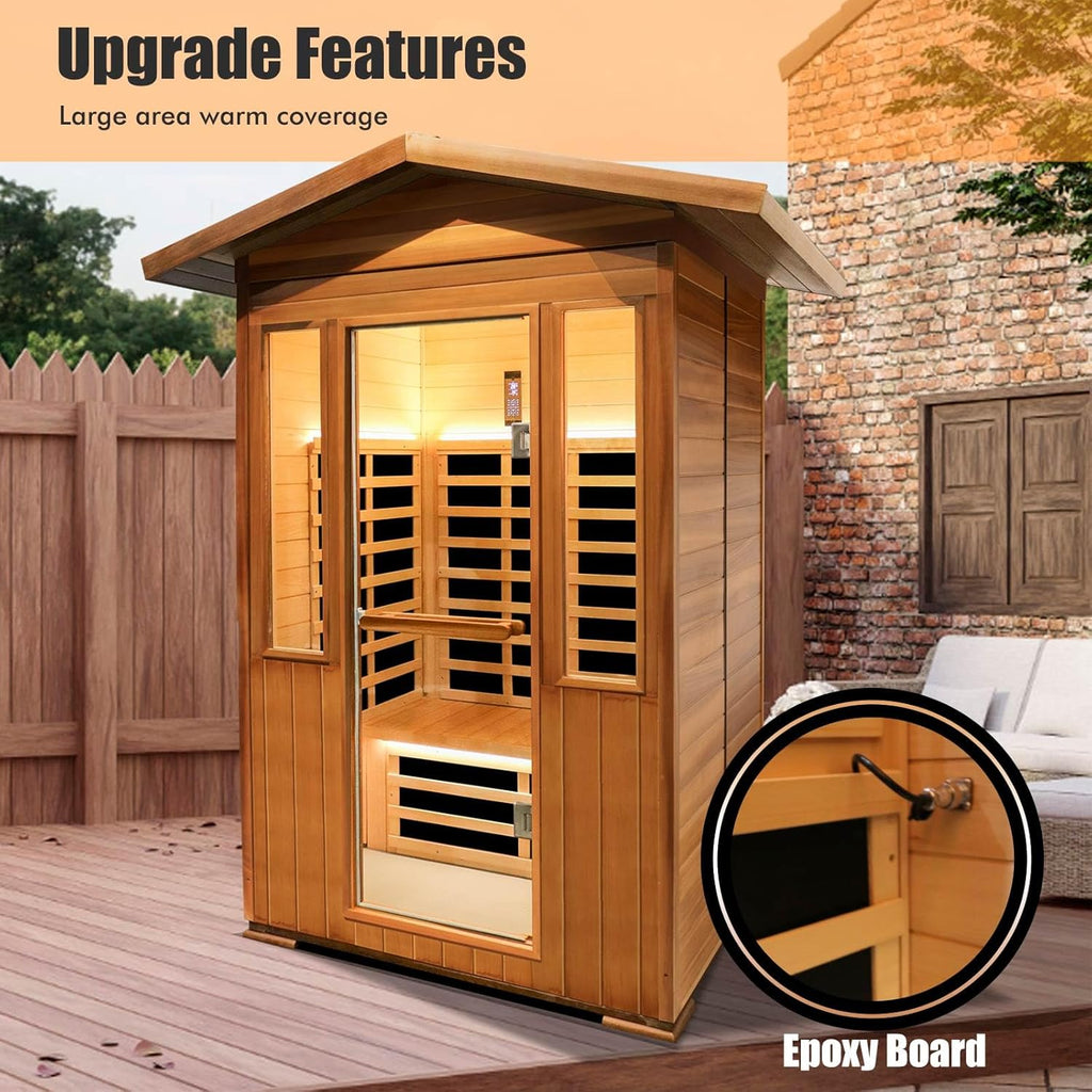 2 Person Outdoor Sauna Infrared Saunas Dry Sauna Room 120V Red Cedar and Okoume Wood Wooden Sauna Spa 1800W APP Control 7 Color Light 48.8 * 37 * 87.4Inch
