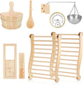 8 Pcs Sauna Accessories Set: Wooden Bucket & Ladle, Thermometer Hygrometer, Hourglass Timer, 2 Pcs Backrests, Gable Vent, Aromatherapy Oil Bowl for Sauna Lover Gifts – Home Barrel Spa