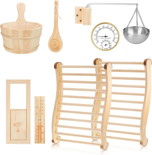 8 Pcs Sauna Accessories Set: Wooden Bucket & Ladle, Thermometer Hygrometer, Hourglass Timer, 2 Pcs Backrests, Gable Vent, Aromatherapy Oil Bowl for Sauna Lover Gifts – Home Barrel Spa