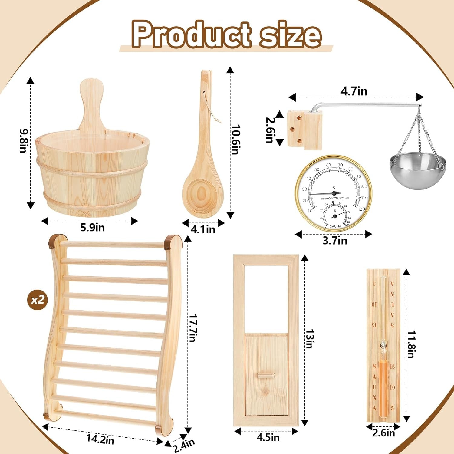 8 Pcs Sauna Accessories Set: Wooden Bucket & Ladle, Thermometer Hygrometer, Hourglass Timer, 2 Pcs Backrests, Gable Vent, Aromatherapy Oil Bowl for Sauna Lover Gifts – Home Barrel Spa