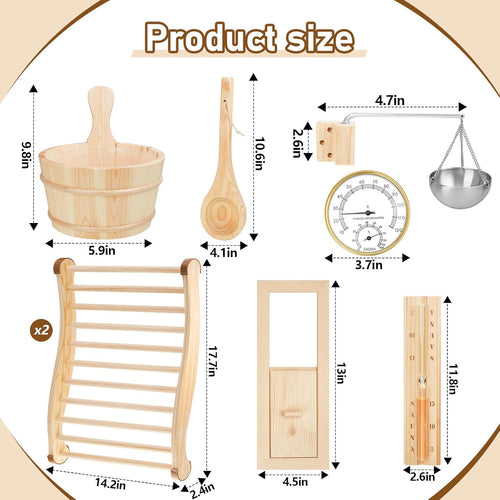 8 Pcs Sauna Accessories Set: Wooden Bucket & Ladle, Thermometer Hygrometer, Hourglass Timer, 2 Pcs Backrests, Gable Vent, Aromatherapy Oil Bowl for Sauna Lover Gifts – Home Barrel Spa
