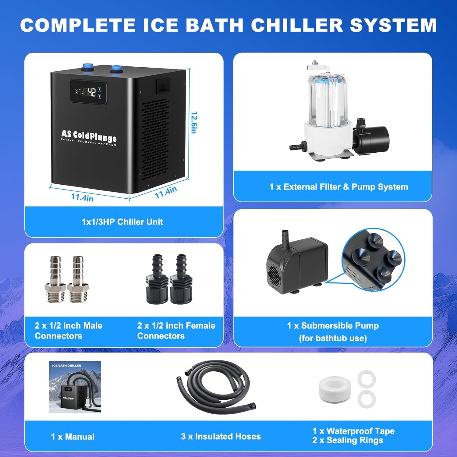 Ice Bath Water Chiller for Cold Plunge Tubs, 1/3 HP Upgraded Cold Plunge Chiller with External Filter Water Pump, Ideal for Cold Plunge Recovery Ice Bath Tub Home 110V Cooling Chiller
