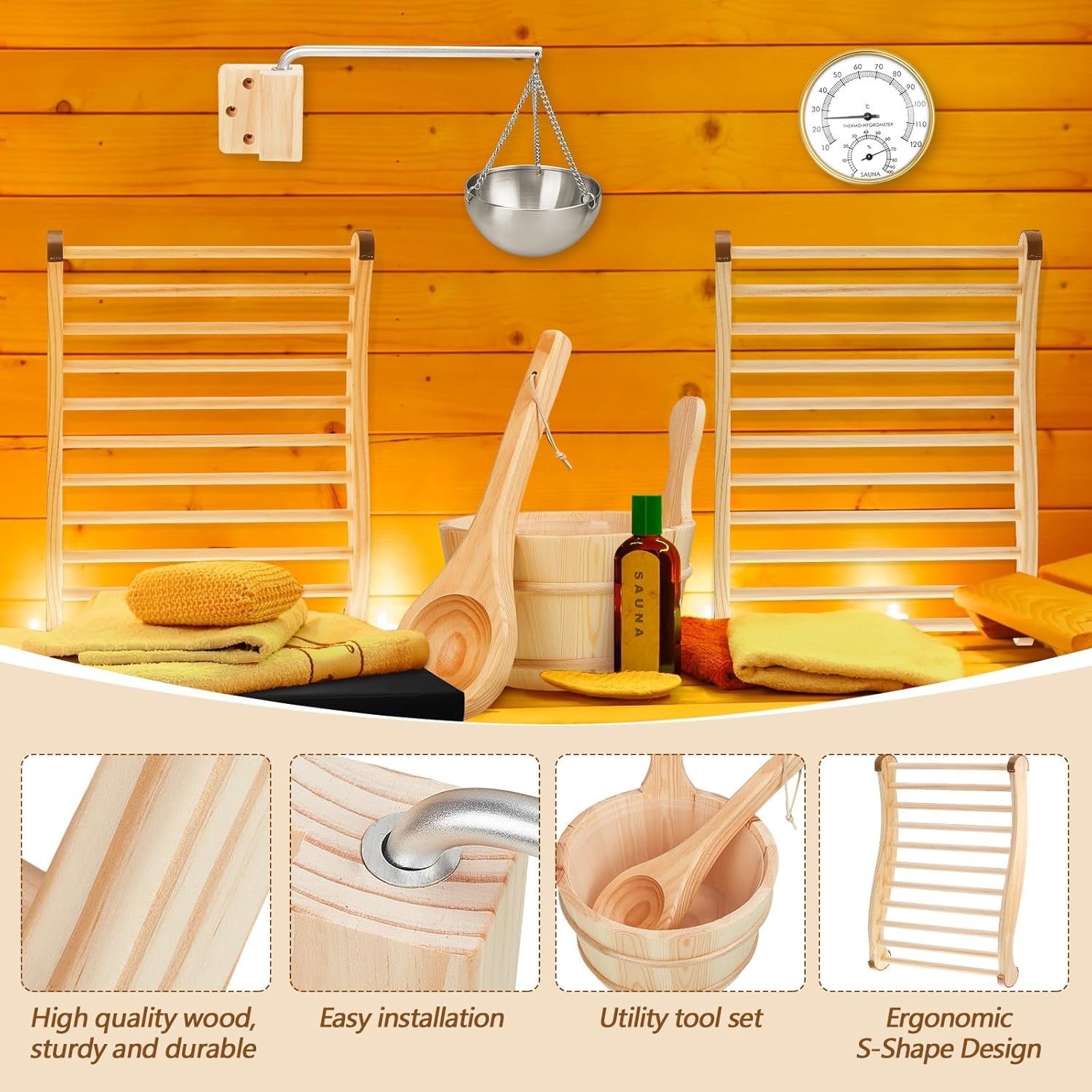 8 Pcs Sauna Accessories Set: Wooden Bucket & Ladle, Thermometer Hygrometer, Hourglass Timer, 2 Pcs Backrests, Gable Vent, Aromatherapy Oil Bowl for Sauna Lover Gifts – Home Barrel Spa
