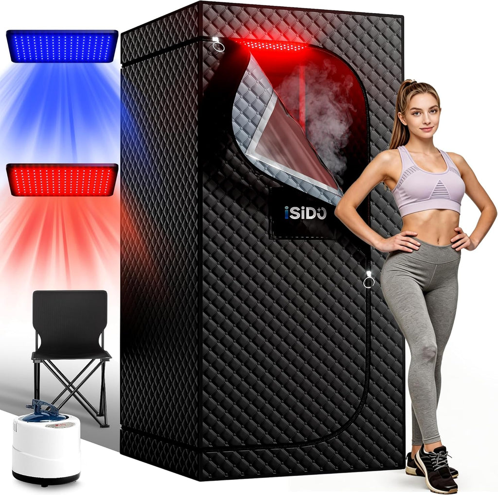 Infrared Steam Sauna with 660Nm Red & Blue Light Therapy & 850Nm Infrared Light Panel, 3L 1300W Steamer, Folding Chair, XXL Portable Sauna Personal Sauna Steam Sauna Tent Home Sauna