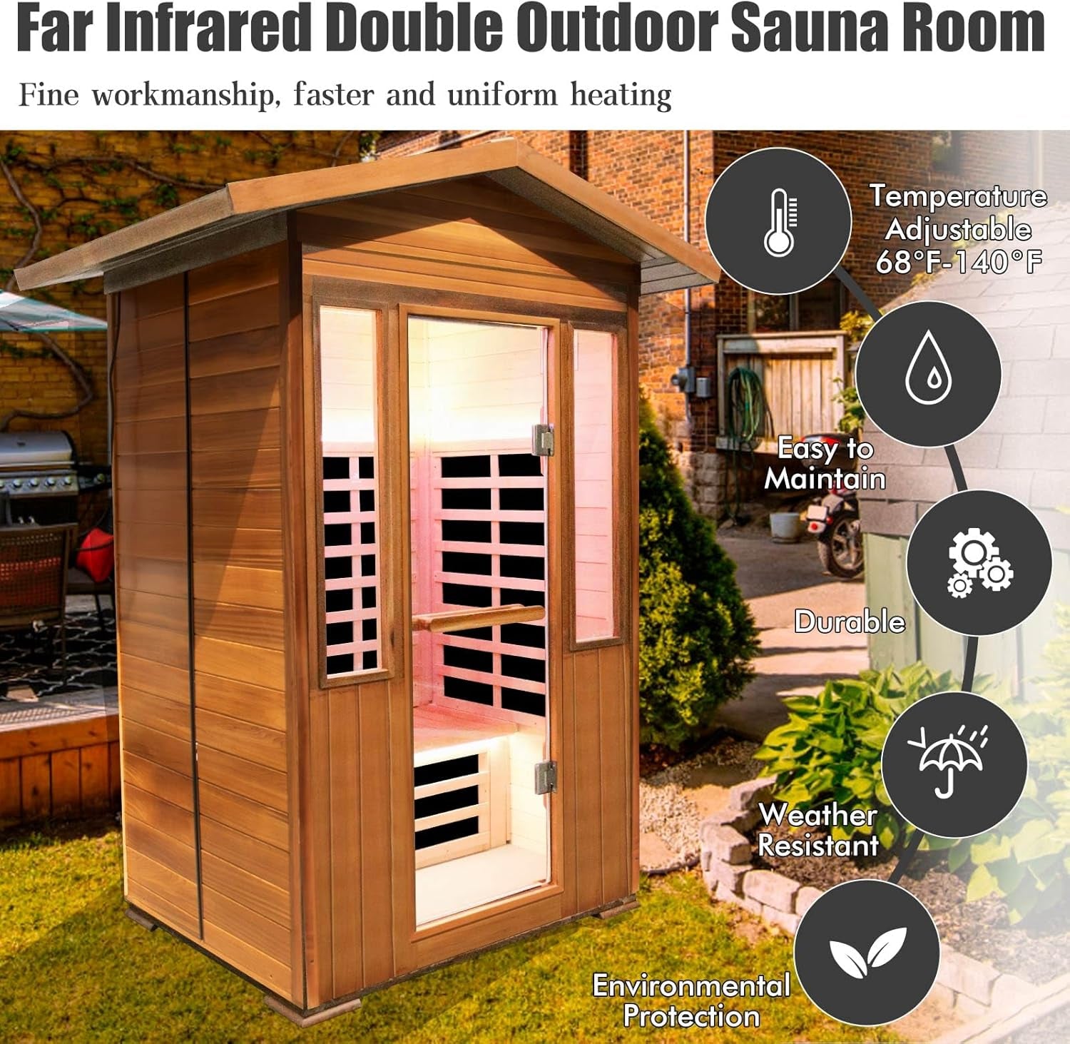 2 Person Outdoor Sauna Infrared Saunas Dry Sauna Room 120V Red Cedar and Okoume Wood Wooden Sauna Spa 1800W APP Control 7 Color Light 48.8 * 37 * 87.4Inch