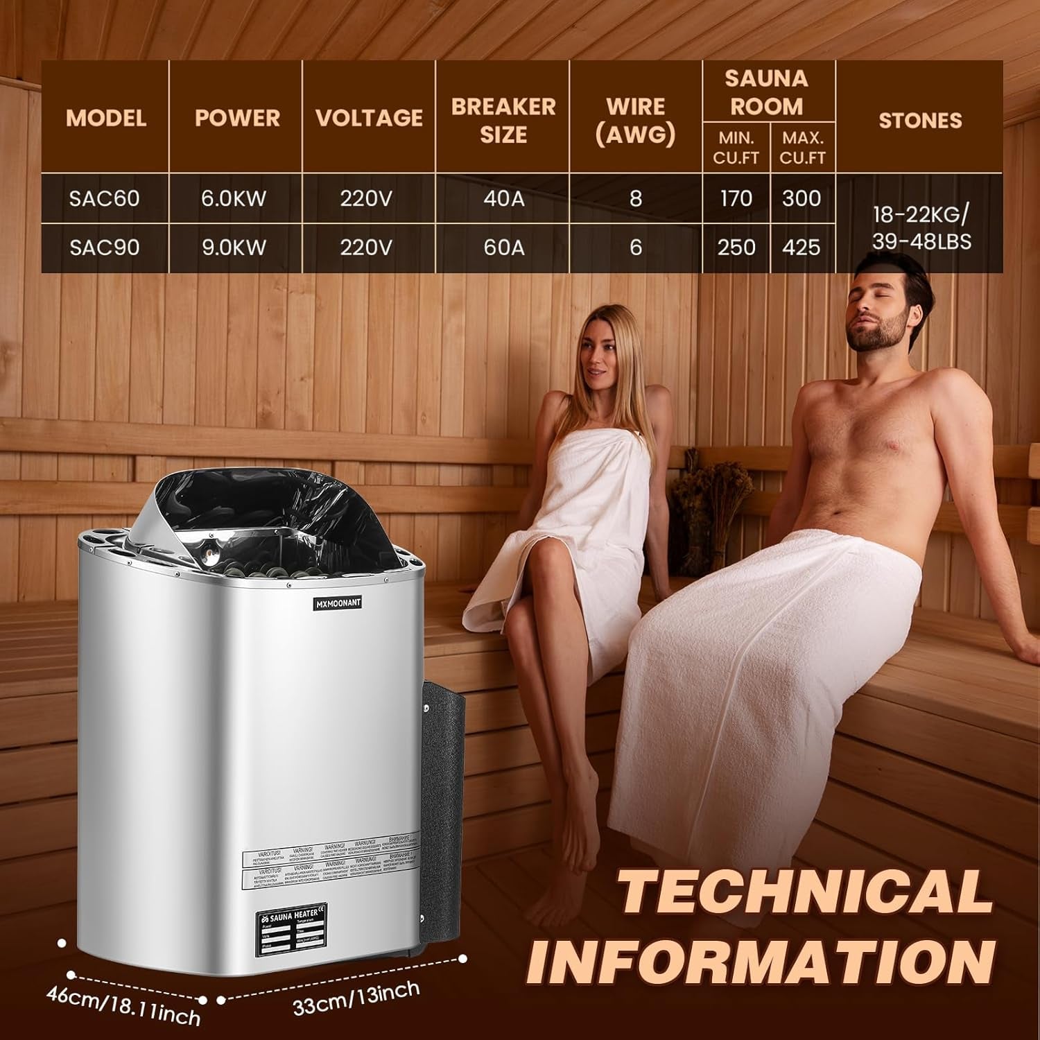 Sauna Heater, 6KW 220V Electric Sauna Heaters Digital Control Sauna Stove Dry Steam Sauna Bath for Home Hotel Spa Max. 300 Cu.Ft with Sauna Hygrothermograph