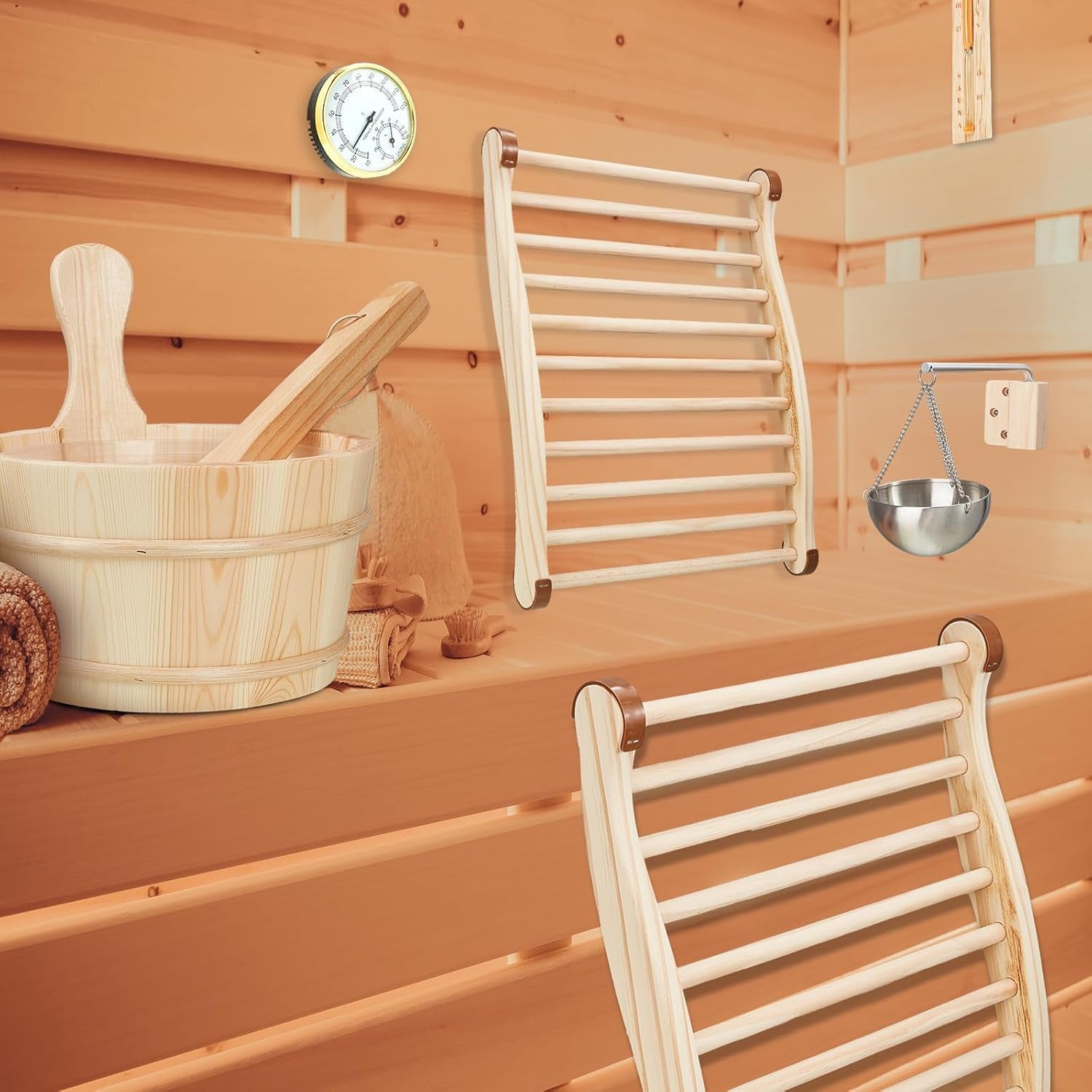 8 Pcs Sauna Accessories Set: Wooden Bucket & Ladle, Thermometer Hygrometer, Hourglass Timer, 2 Pcs Backrests, Gable Vent, Aromatherapy Oil Bowl for Sauna Lover Gifts – Home Barrel Spa